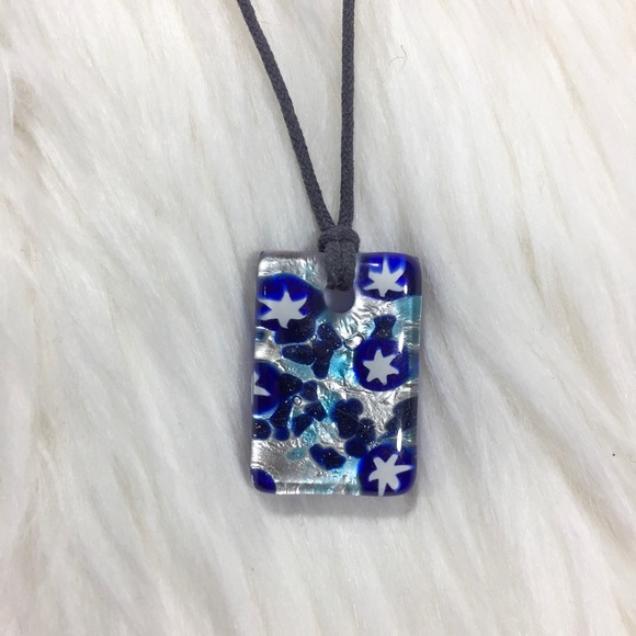 Glass Pendant Chocker Blue Rectangle w/White Stars - Picture 2 of 5